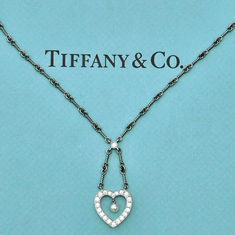 Tiffany & Co. Diamond Heart Pearl Drop Pendant Twisted Wire Chain PT950 Necklace